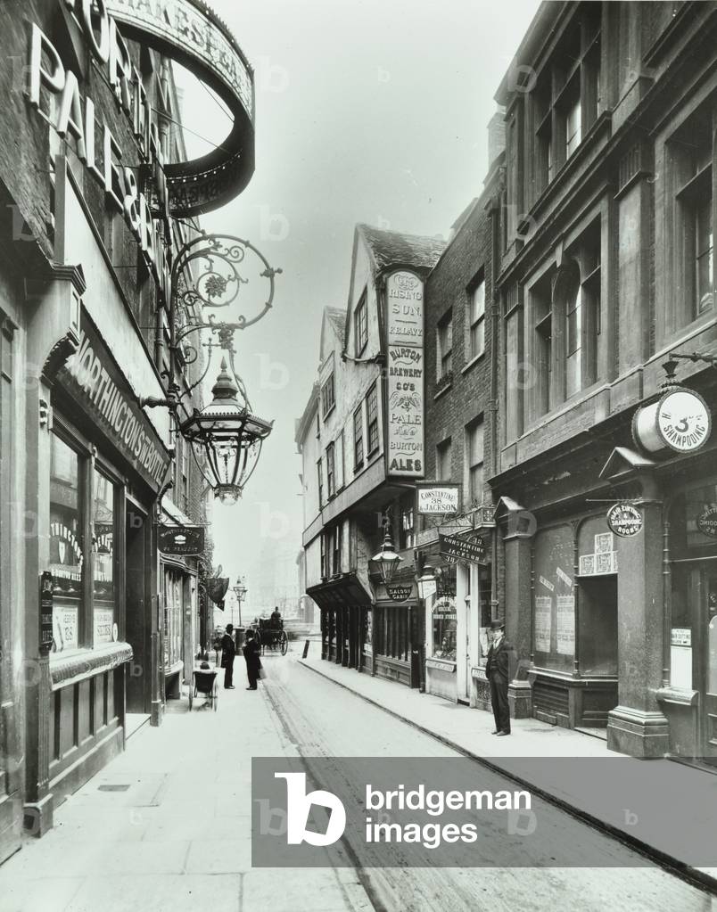 Shakespeare's Head, Wych Street, Westminster, looking east to Strand, 1901 (b/w photo)