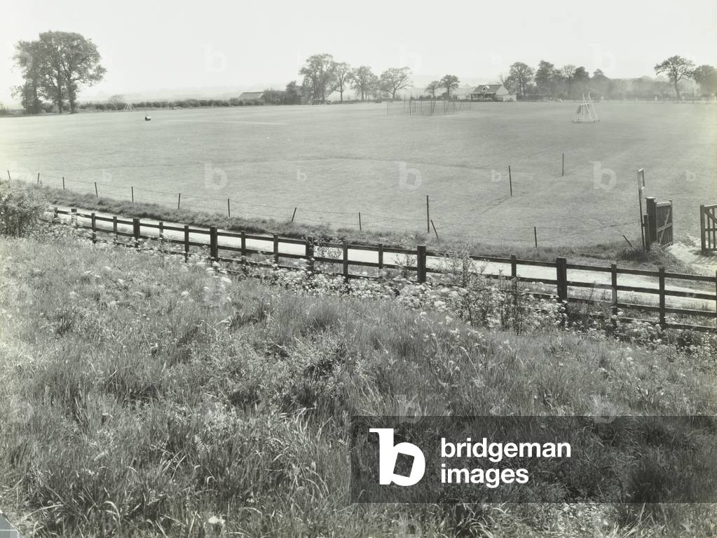 Watling Estate: sports ground, cricket pitch and pavillion, London, 1927 (b/w photo)