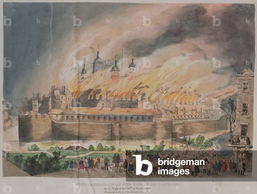 The Conflagration of the Tower of London, after W.Oliver, aquatint, 1841