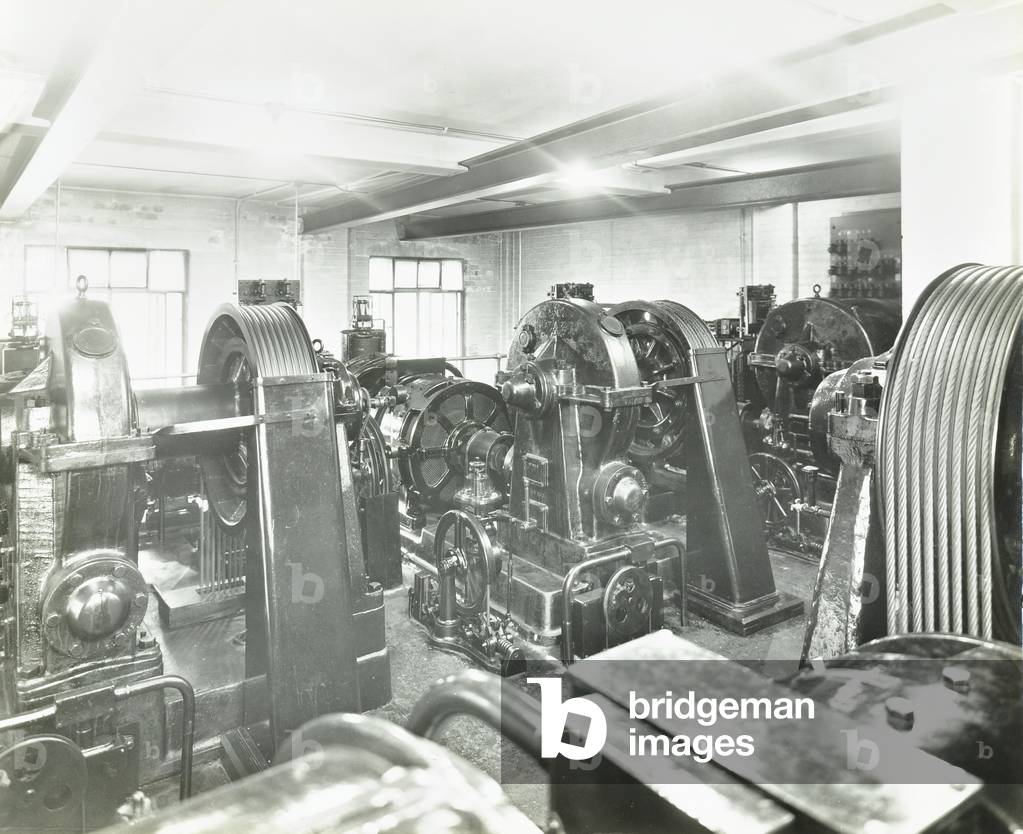 County Hall: lift control room, London, 1938 (b/w photo)
