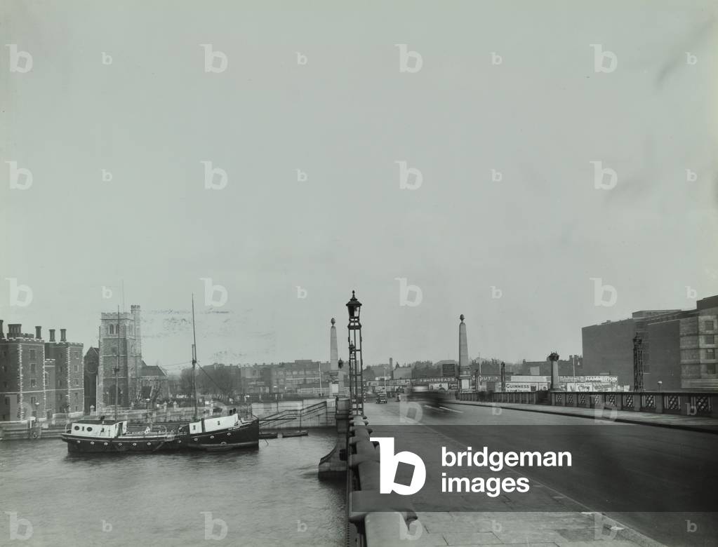 Lambeth Bridge: view over bridge with Lambeth Palace on the left , 1937 (b/w photo)