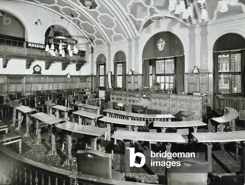 Battersea Town Hall, Lavender Hill: council chamber, London, 1967 (b/w photo)