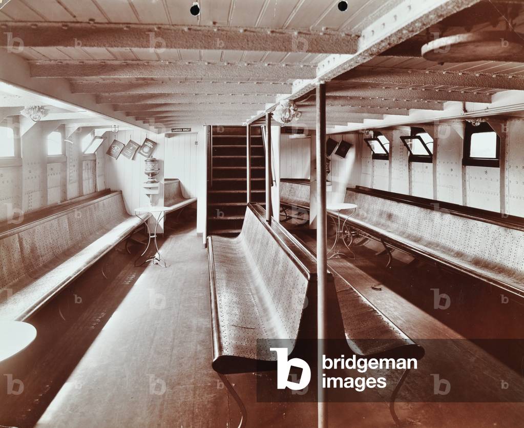 London County Council Steamboat: saloon of the 'Christopher Wren', 1907 (b/w photo)