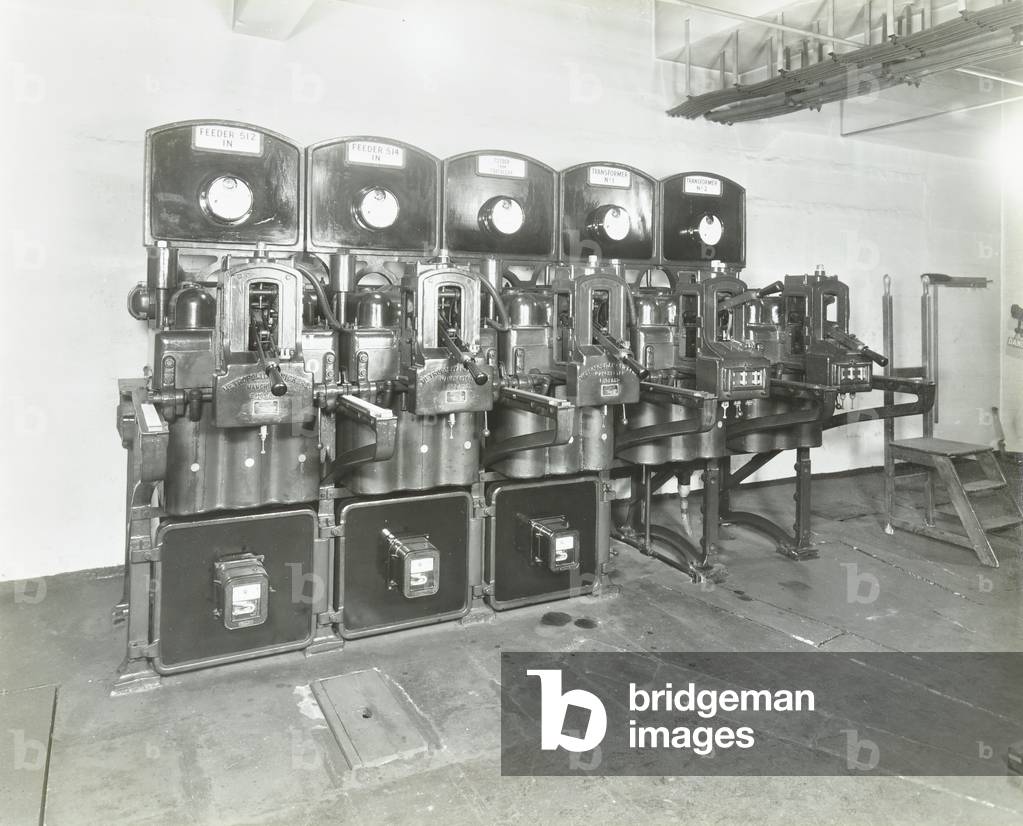 County Hall: electric lighting and heating installations, incoming light switches, London, 1938 (b/w photo)