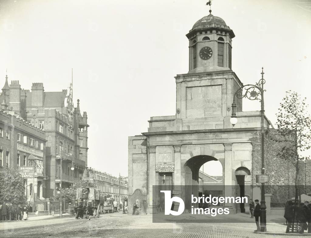 East India Docks, old gateway, London, 1919 (b/w photo)