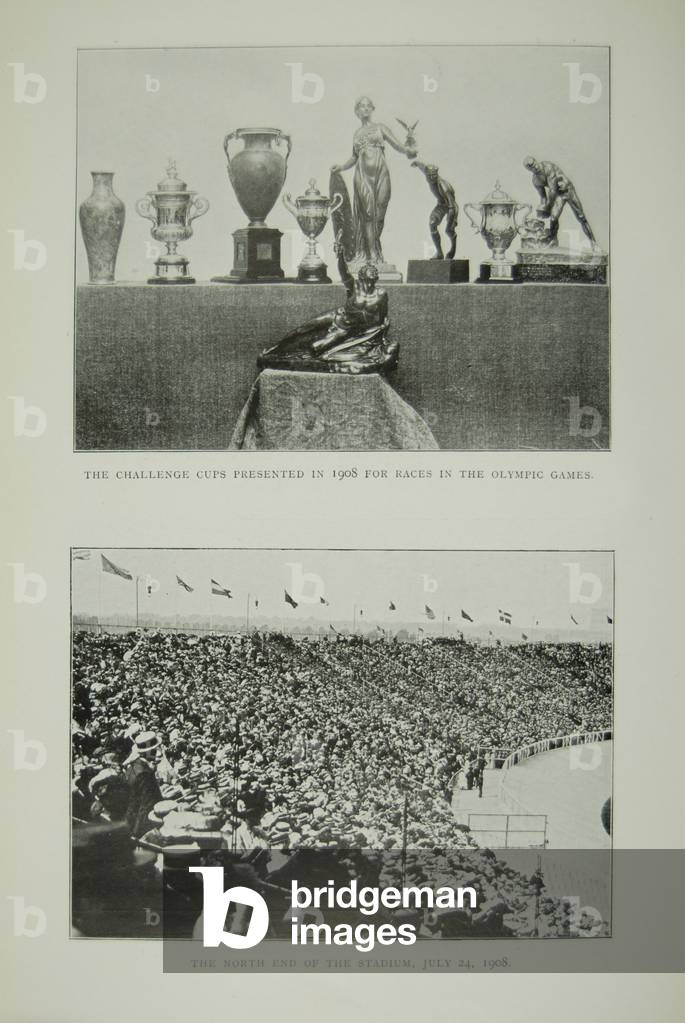 The Challenge Cups and a View of the North End of the Stadium, 1908 (b/w photo)
