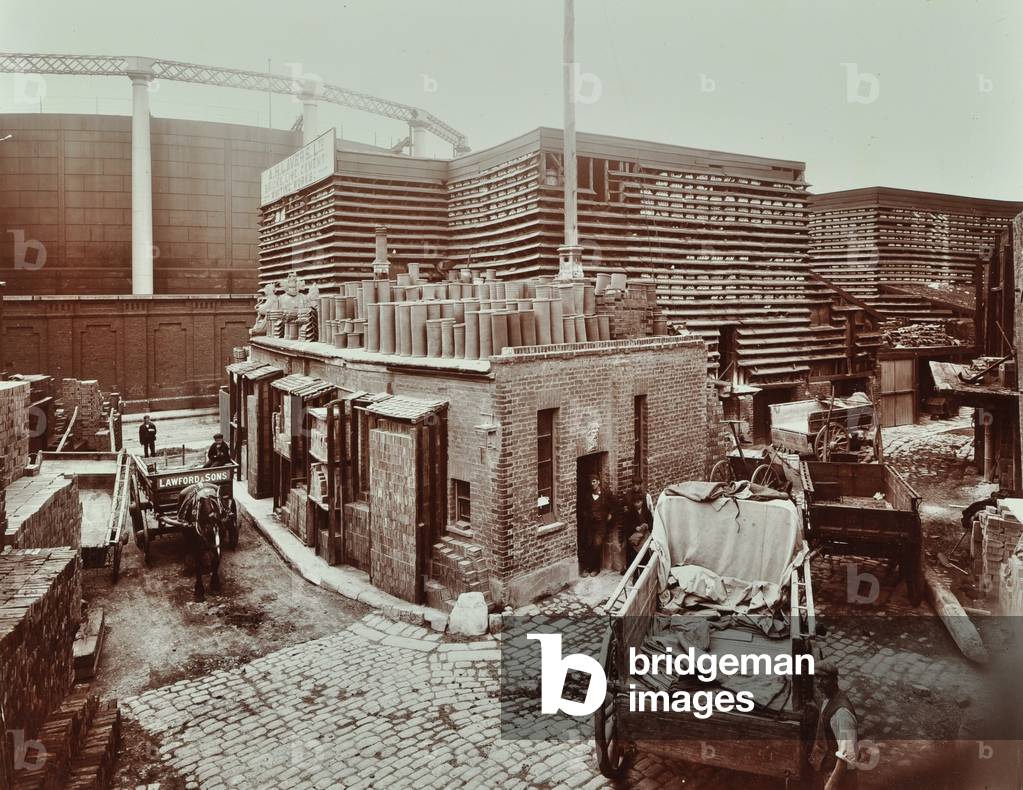 Nine Elms Lane: brick tile yard, London, 1906 (b/w photo)