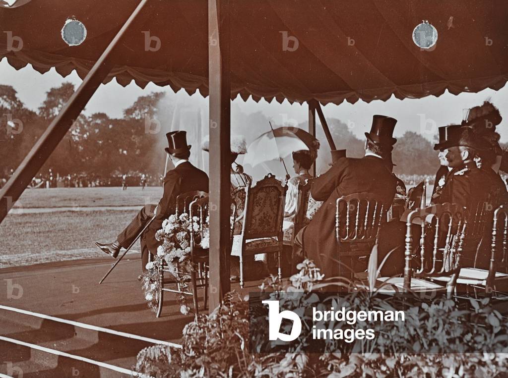 Fire Brigade Review, Hyde Park: dignitaries, including HM King Edward VII, watch the fire display. , 1909 (photo)