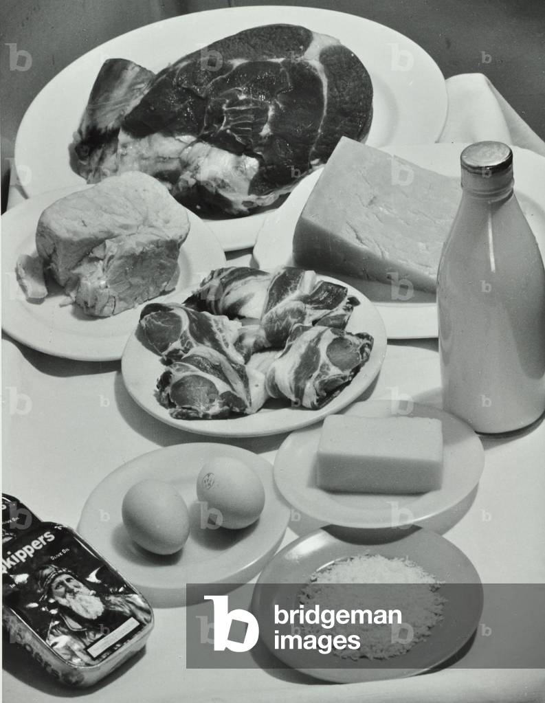 Foods provided by the institution: meat, cheese; eggs and milk, Day Nursery, Old Church Road, 1957 (b/w photo)