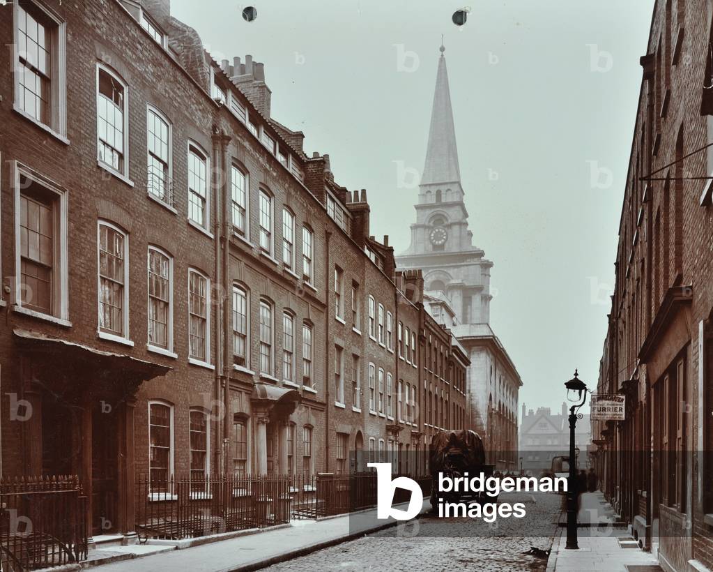 Christ Church Spitalfields, Fournier Street: looking west to Christ Church, 1909 (b/w photo)