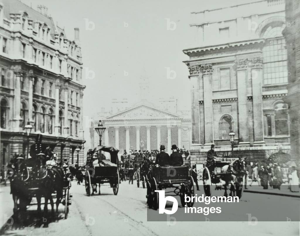 From Queen Victoria Street to Mansion House Street with Royal Exchange, City of London, 1895 (b/w photo)
