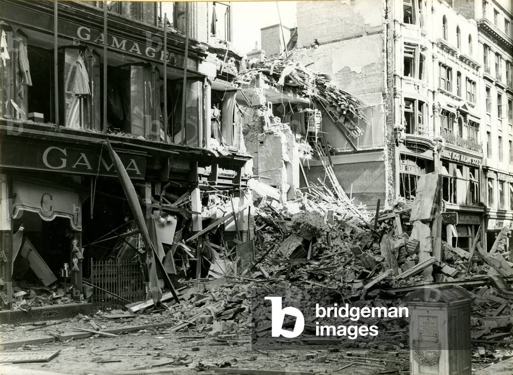 Exterior of no. 106 Cheapside, Gamage's Store, showing bomb damage, 1940 (b/w photo)