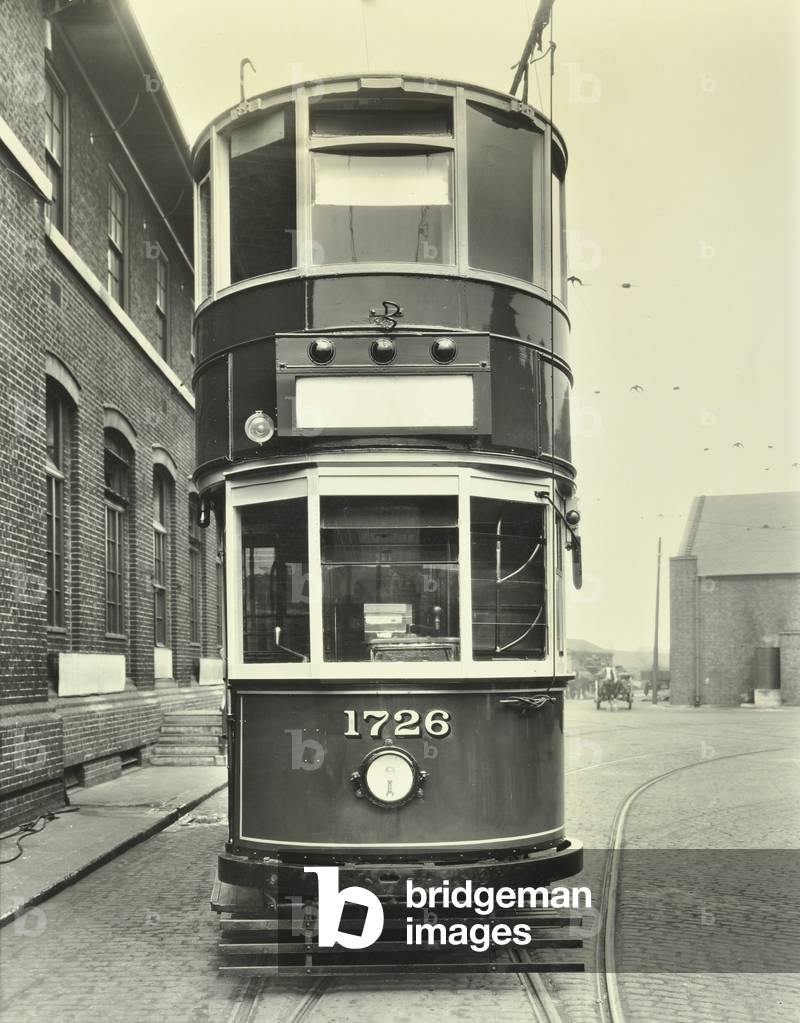 A rear view of electric tramcar, 1932 (b/w photo)