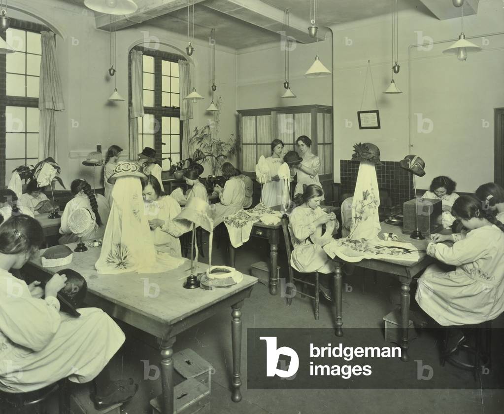 Hammersmith Trade School for Girls: millinery class, 1924 (b/w photo)