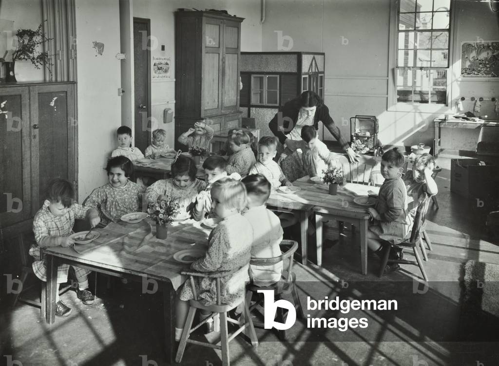 Children eating in the Dining Hall, 1950 (b/w photo)