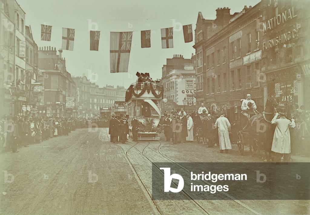 Opening of the Westminster to Tooting tramway route by Their Royal Highnesses Prince and Princess of Wales, 15th May, 1903 (b/w photo)