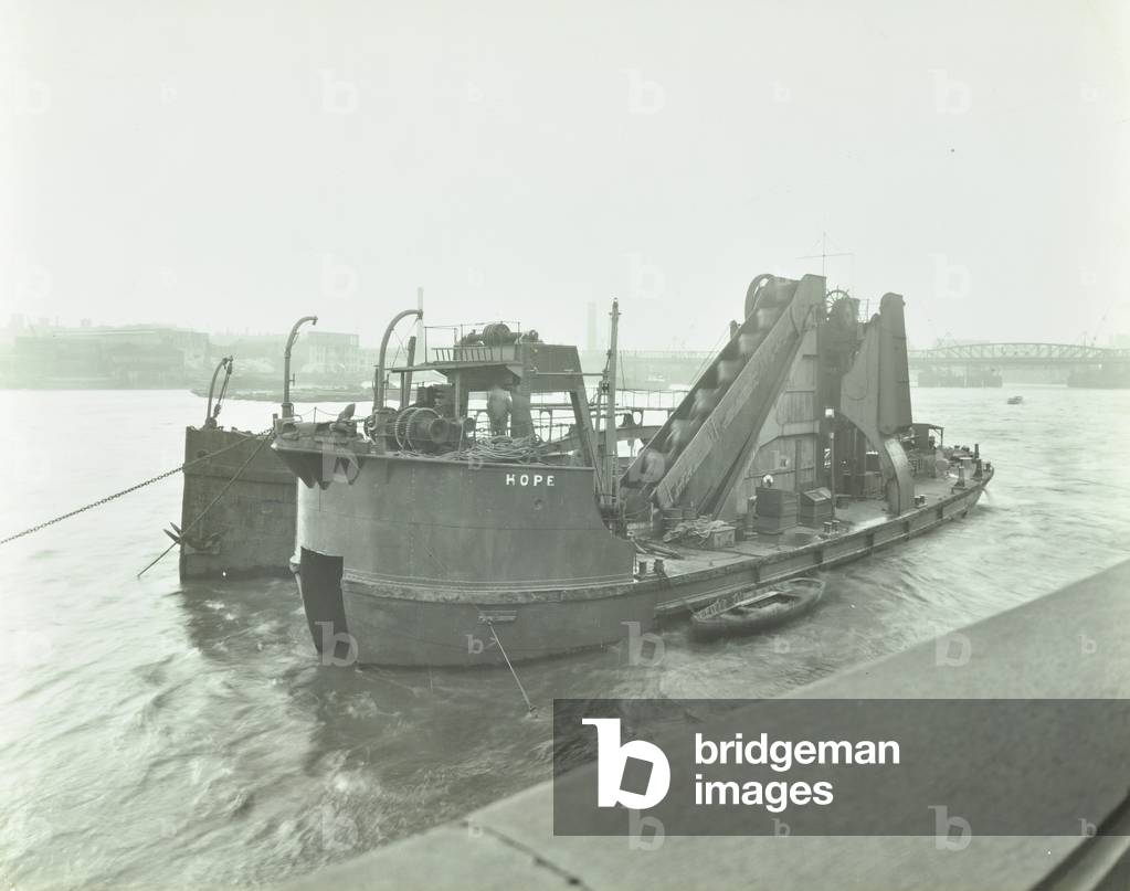Dredger 'Hope', moored off the Victoria Embankment, London, 1938 (b/w photo)