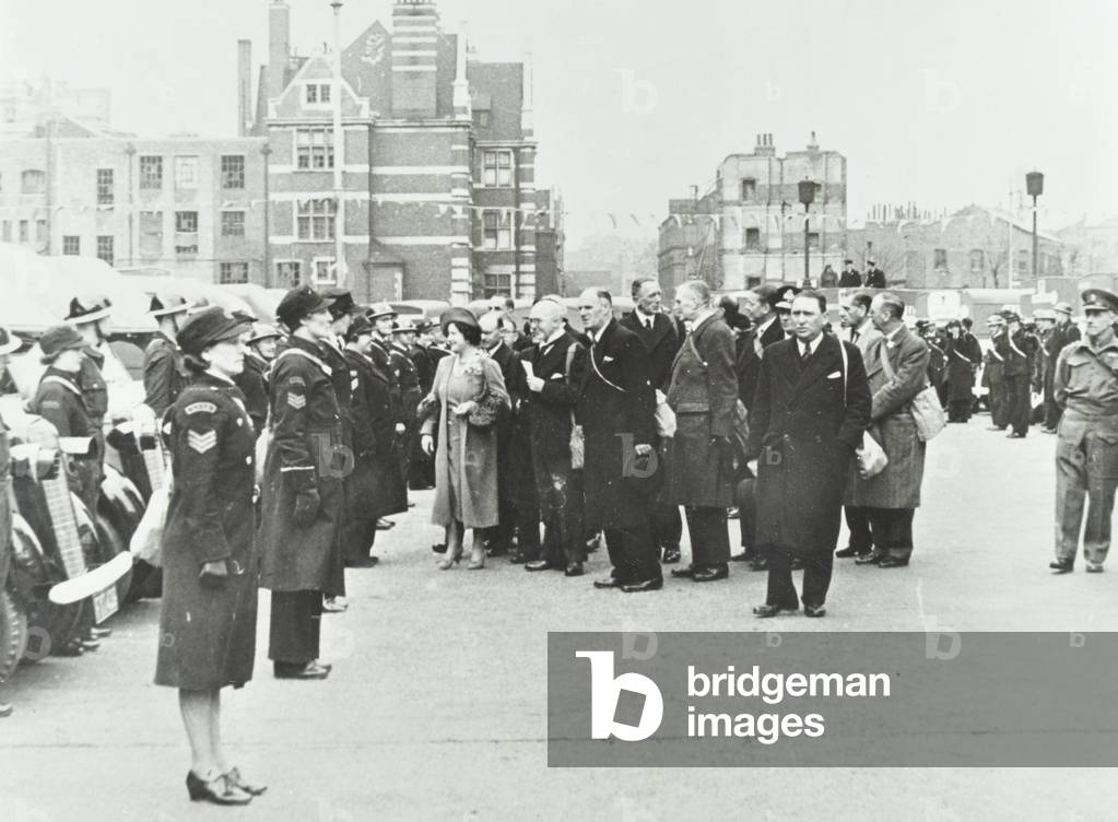 The Queen Mother inspecting London Ambulance Service at County Hall, 1941 (b/w photo)