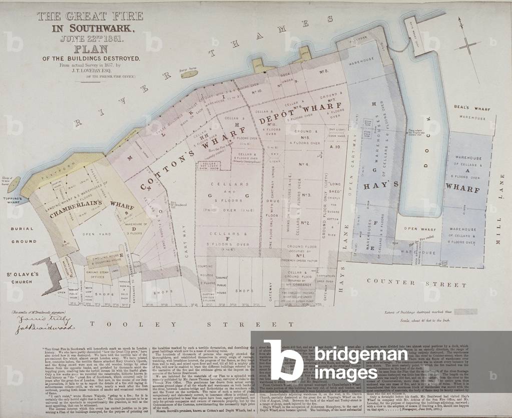 "Piano di edifici distrutti a Chamberlain's Wharf", 1861 di James Thomas Loveday