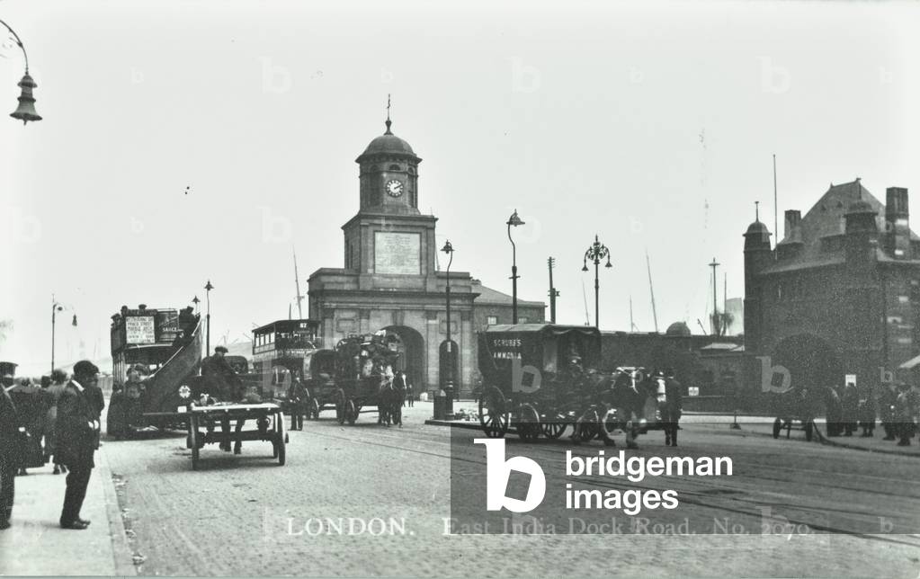 East India Dock Road: looking east by East India Dock Gates and Blackwall Tunnel, 1910 (b/w photo)