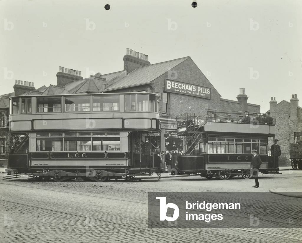 Exterior view of electric tramcar, 1912 (b/w photo)