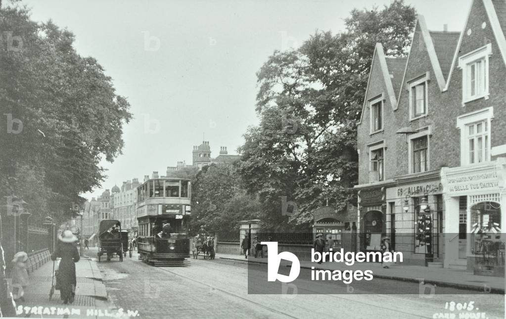 Streatham Hill, view of trams and horse-drawn carriages, 1914 (b/w photo)