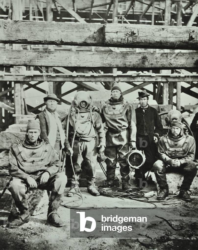 Blackfriars Bridge: construction workers pose with equpiment, 1869 (b/w photo)