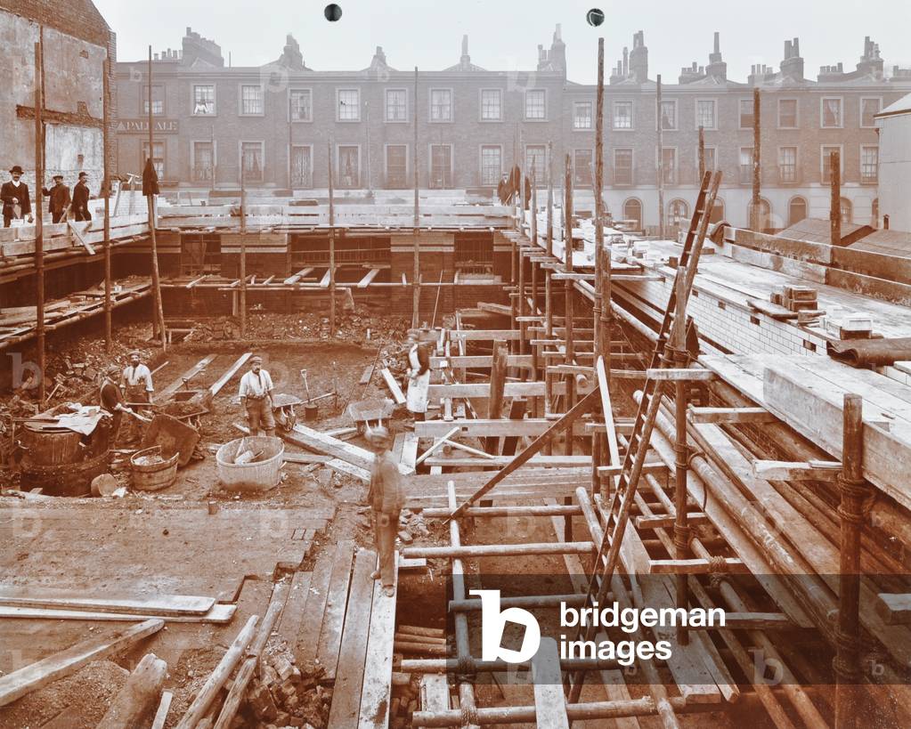 Camden Town Sub Station, 102-116 Arlington Road: construction work in progress, 1908 (b/w photo)