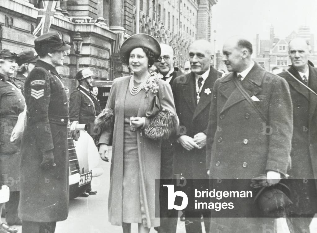 The Queen Mother inspecting London Ambulance Service at County Hall, 1941 (b/w photo)