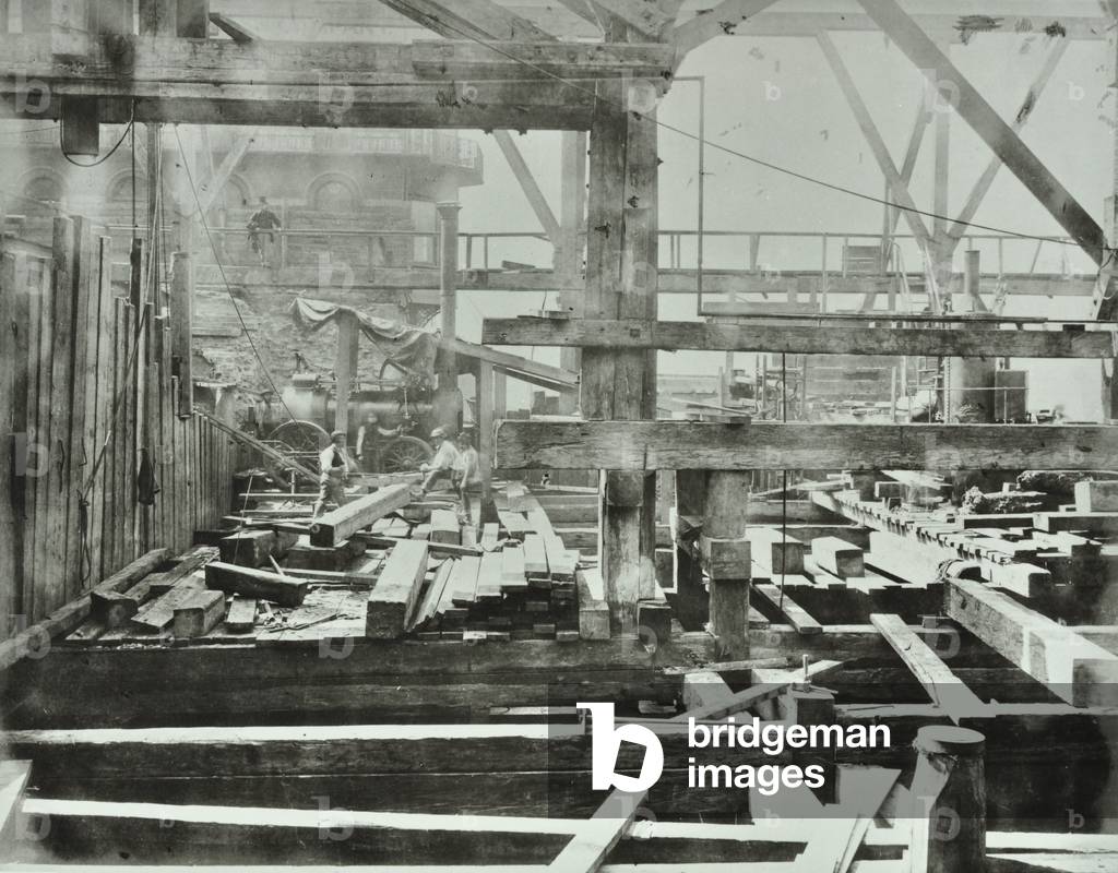 Blackfriars Bridge: construction work in progress, 1869 (b/w photo)