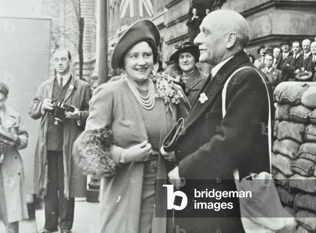 The Queen Mother inspecting London Ambulance Service at County Hall, 1941 (b/w photo)
