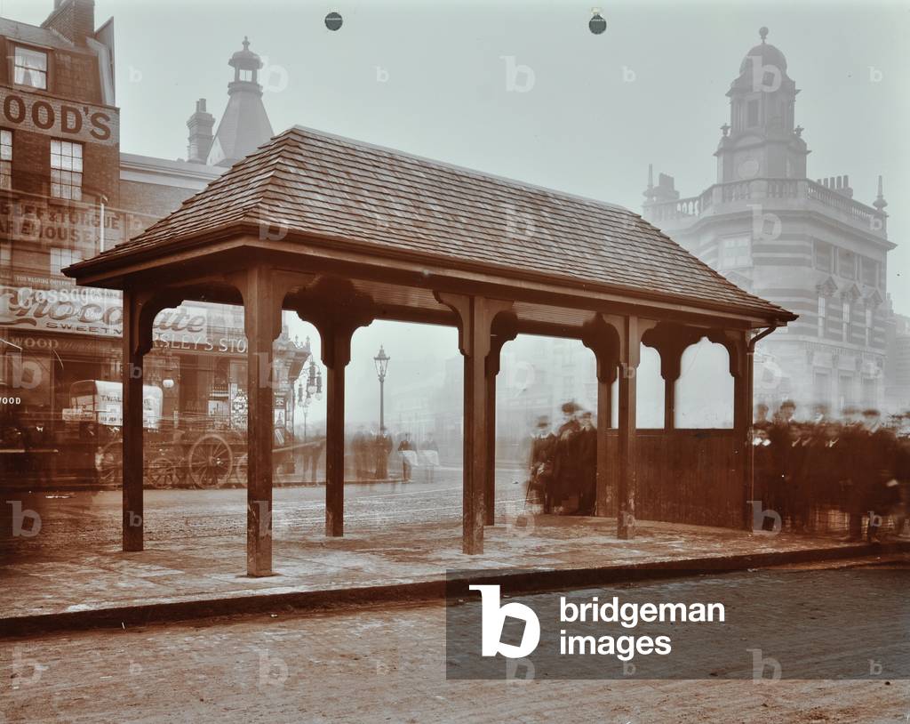 Tram shelter at Camberwell Green, 1910 (b/w photo)