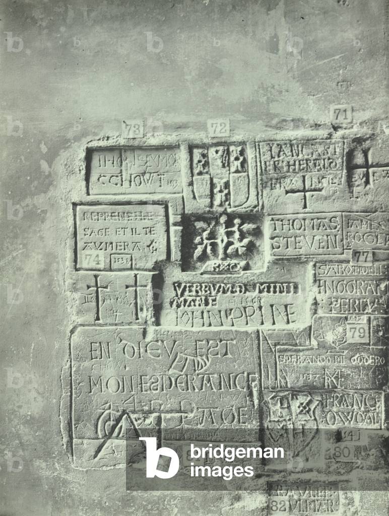 Tower of London, Tower Hill: inscriptions in Beauchamp Tower, 1899 (b/w photo)