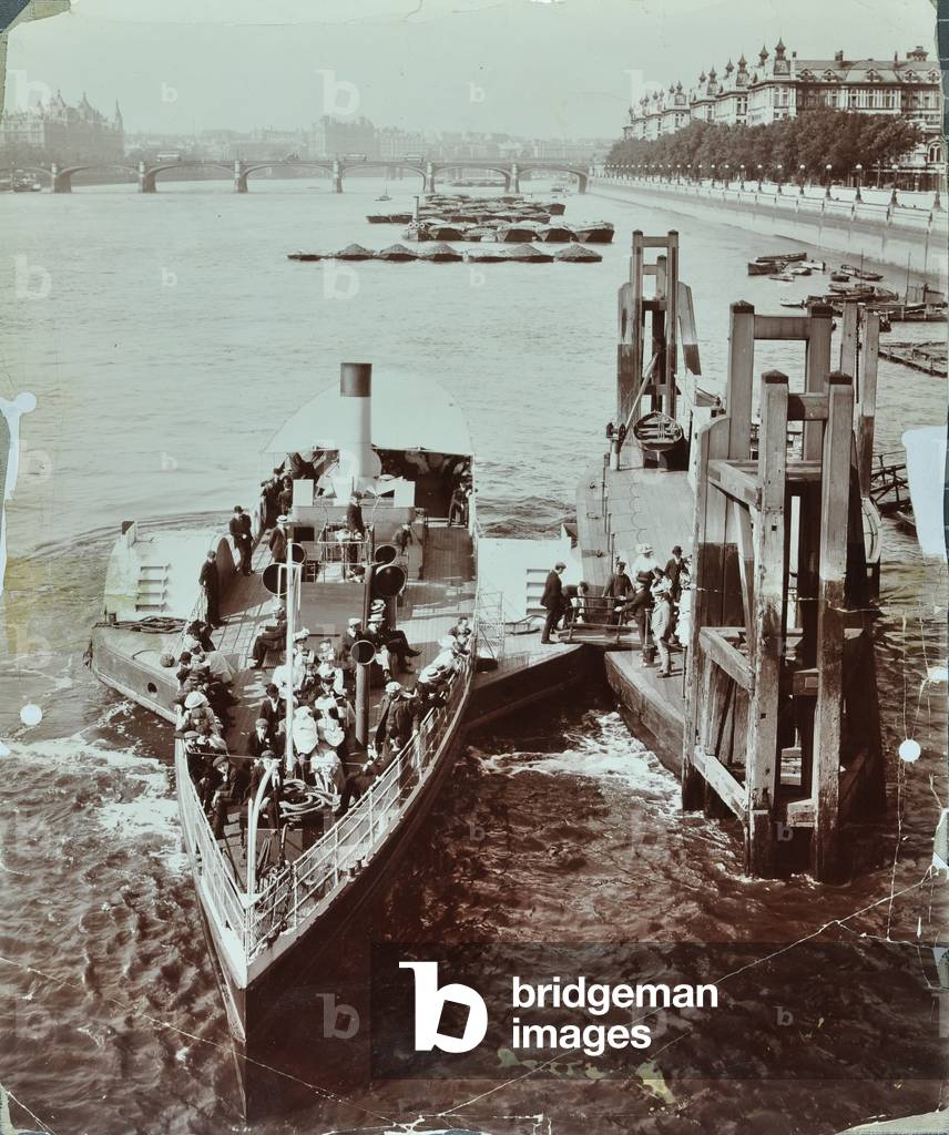 London County Council Steamboats: passengers board 'The Rennie' at Lambeth Bridge Pier, 1907 (b/w photo)