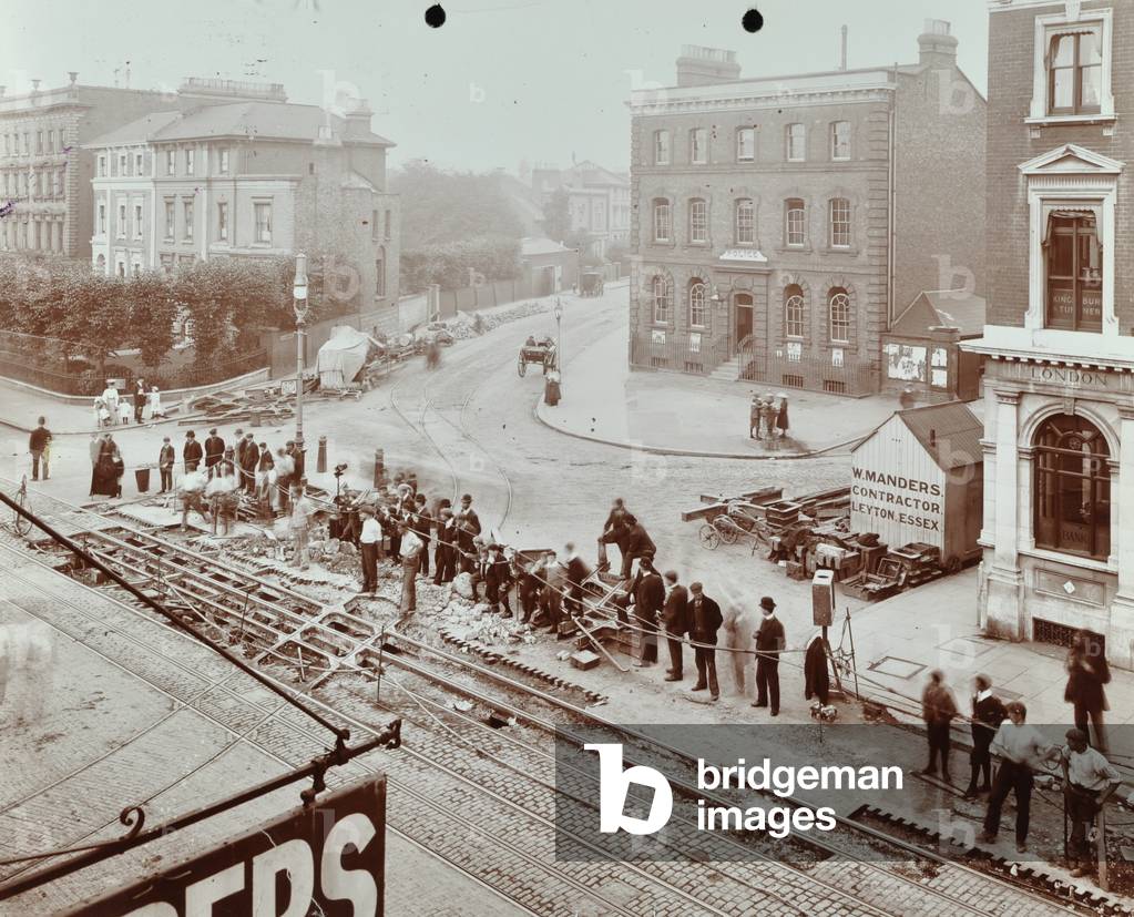 Improvments are made to existing trams lines on Stockwell Road and Brixton Road, 1907 (b/w photo)