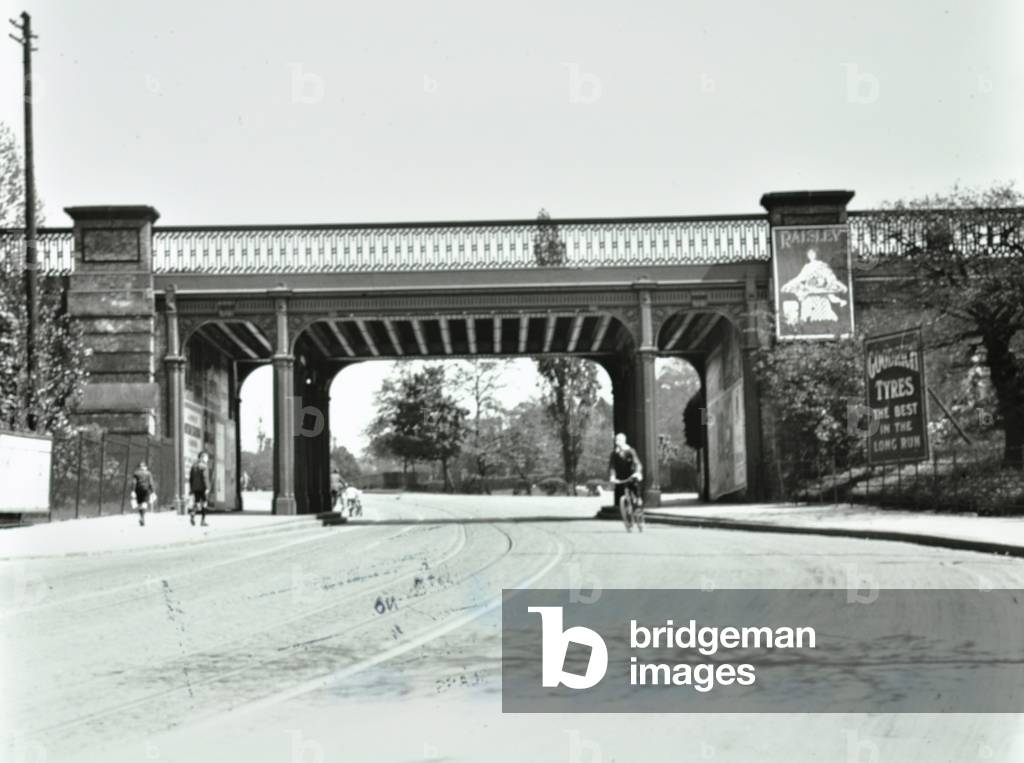 Lordship Lane: by Wood Vale looking south to railway bridge, London, 1925 (b/w photo)