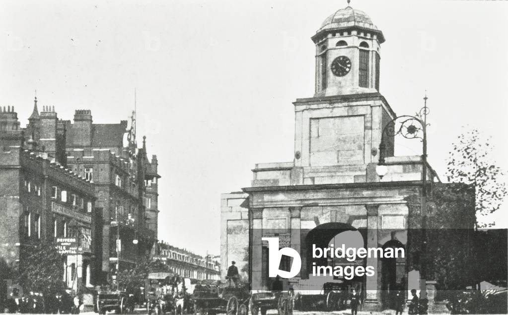 Poplar Hospital: East India Dock Gates with hospital in background, 1912 (b/w photo)