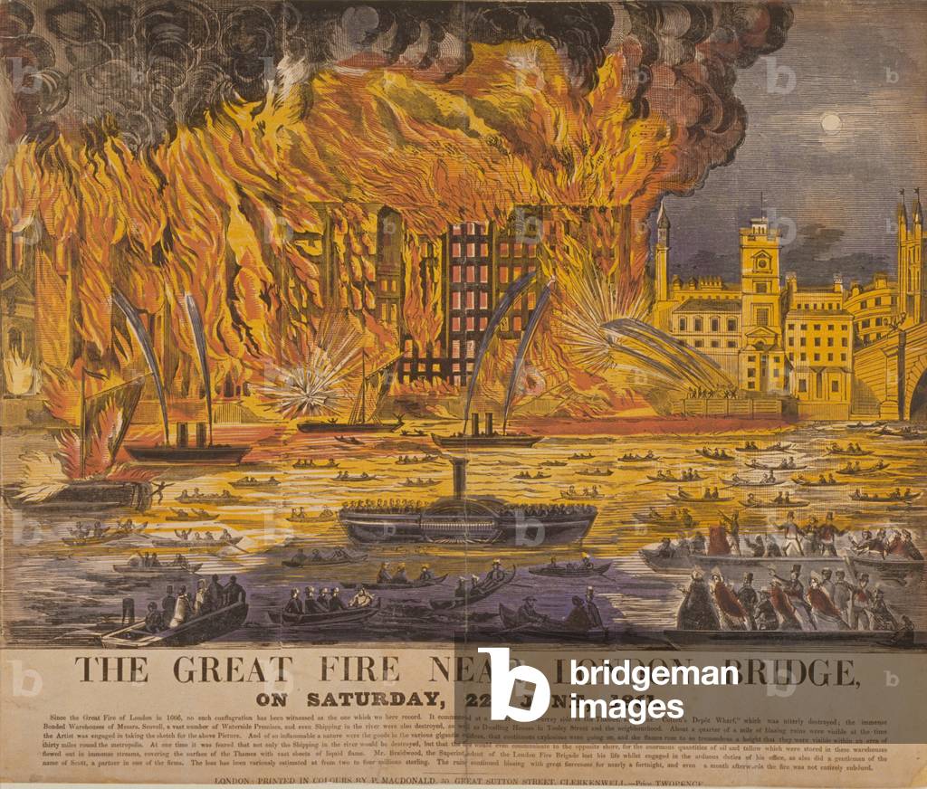 View of the Cotton's Wharf Fire, 1861 (colour woodcut)