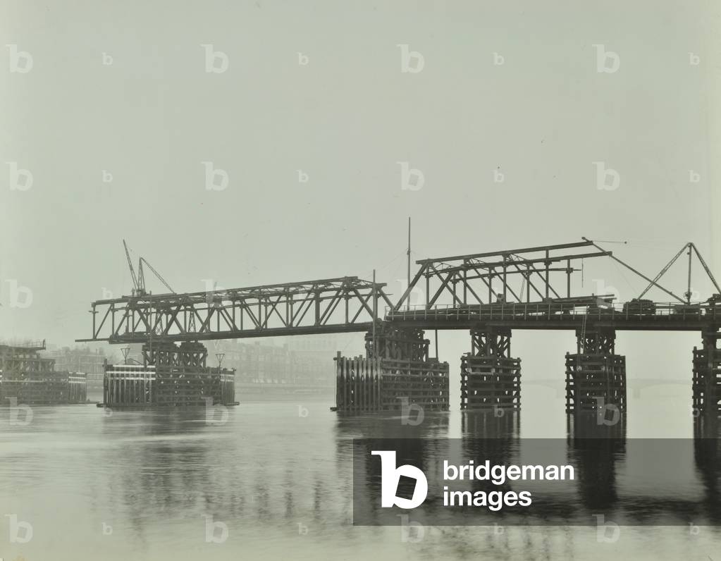 Emergency Thames Bridge: Millbank site, construction work in progress, 1942 (b/w photo)