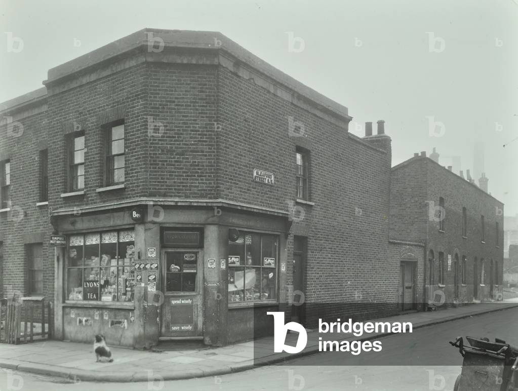 63 Ascalon Street: corner of Ascalon Street and Sleaford Street, corner shop, London, 1954 (b/w photo)