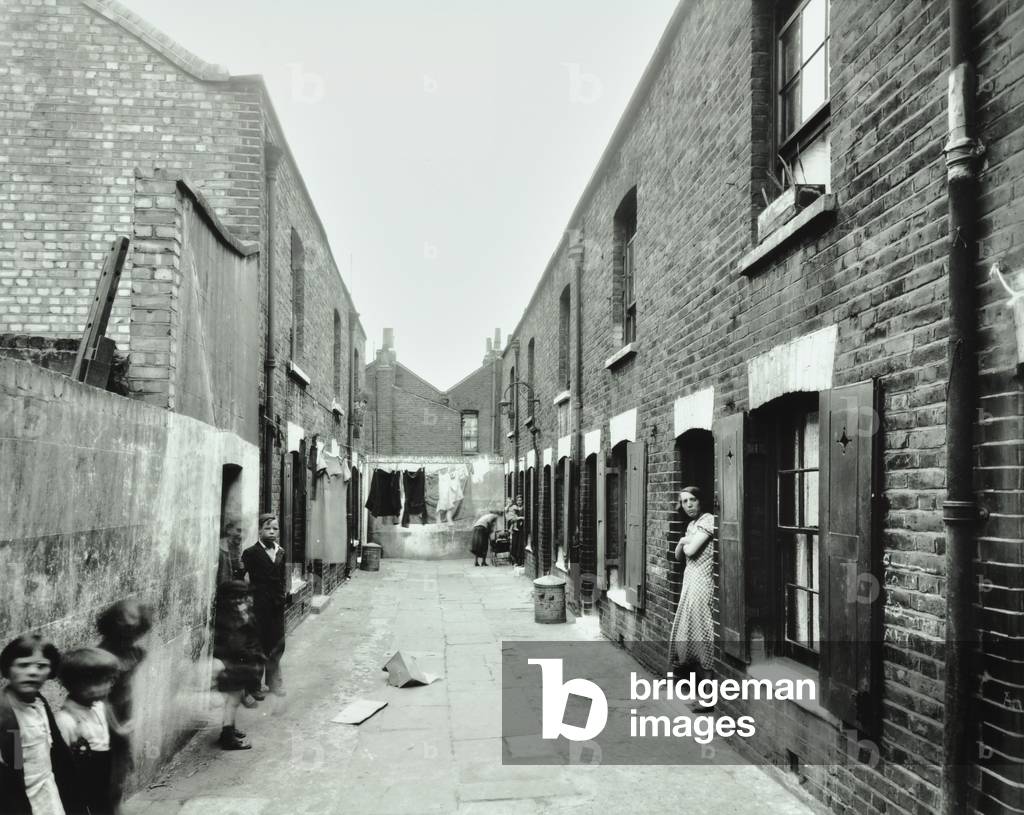 Slum housing, Bethnal Green, London 1937 (b/w photo)