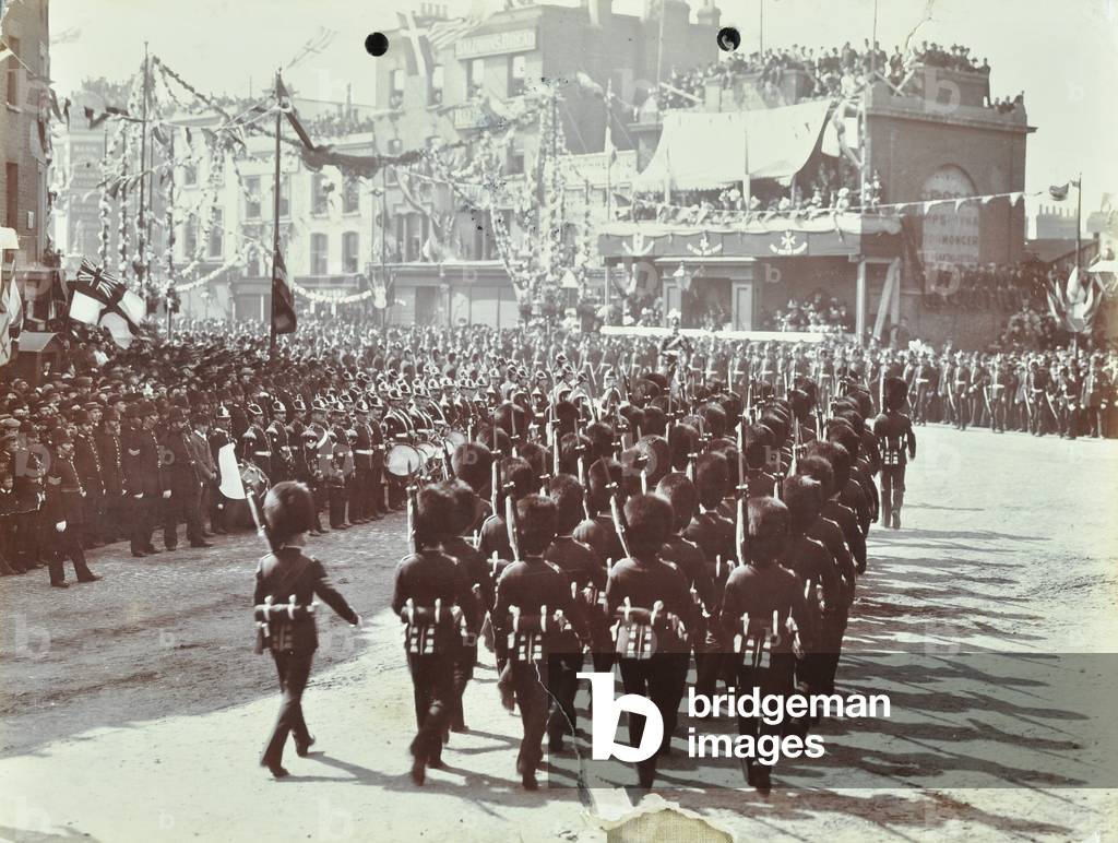 Blackwall Tunnel: pagentry as the Prince of Wales, later King Edward VII, and Princess Alexandria attend the ceremonial opening of the tunnel, 1897 (b/w photo)