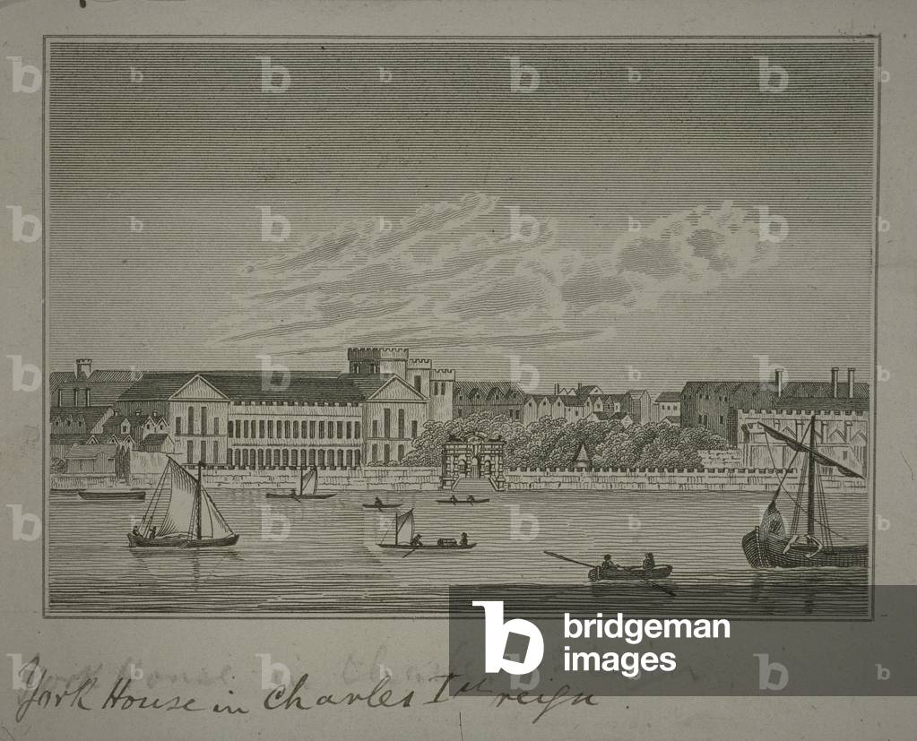 View north across the River Thames, looking towards York House and York Buildings (engraving)