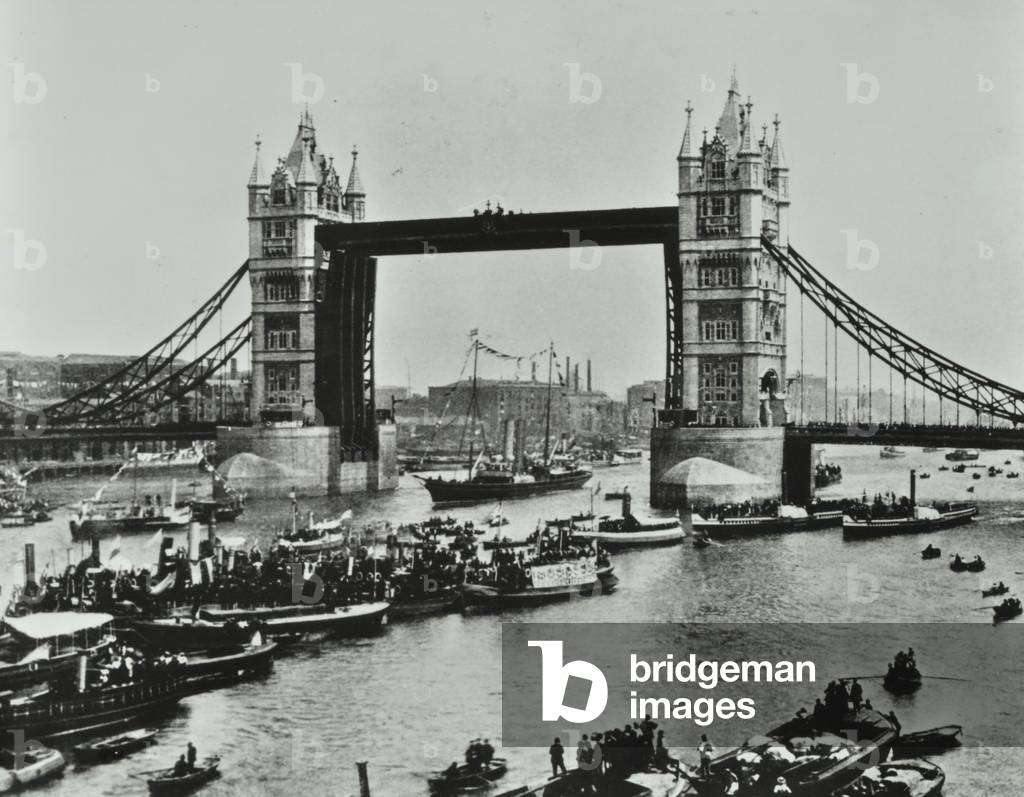 Ships pass beneath Tower Bridge, 1894 (b/w photo)