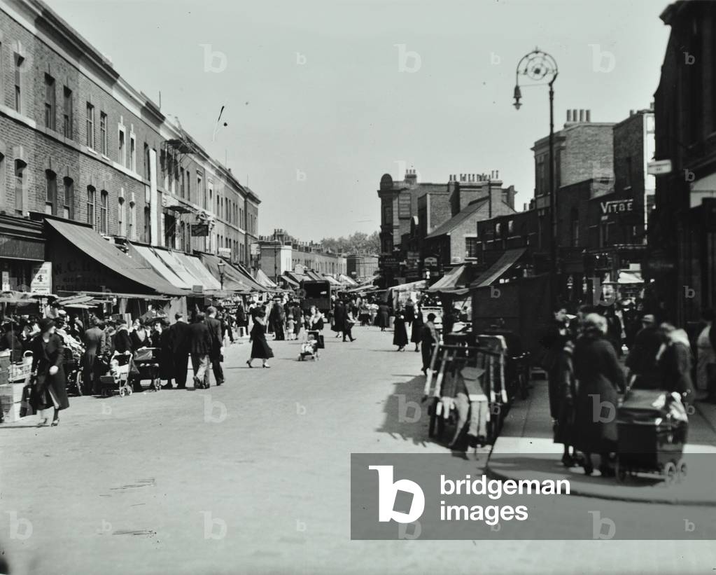 Broadway Market: looking north from Andrews Road, London, 1930 (b/w photo)