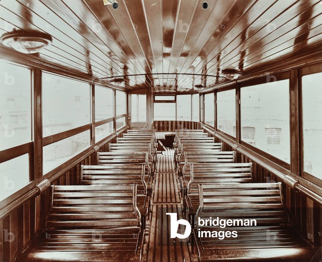 Interior view of electric tramcar, 1907 (b/w photo)