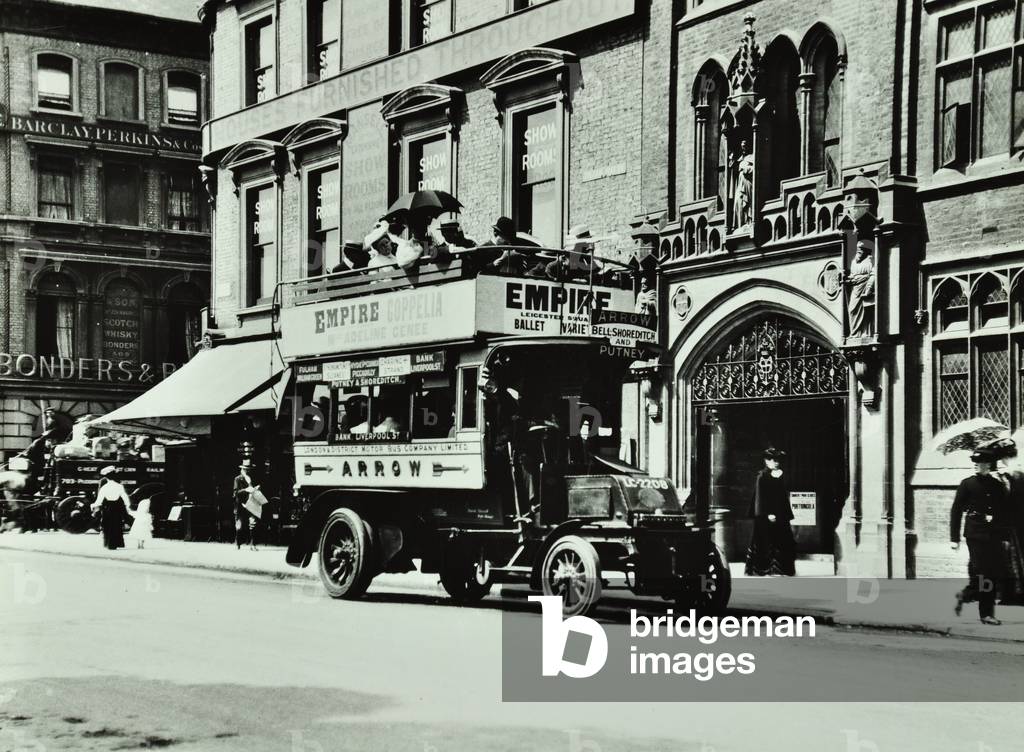 Petrol-engine bus, Fulham Road, 1914 (b/w photo)