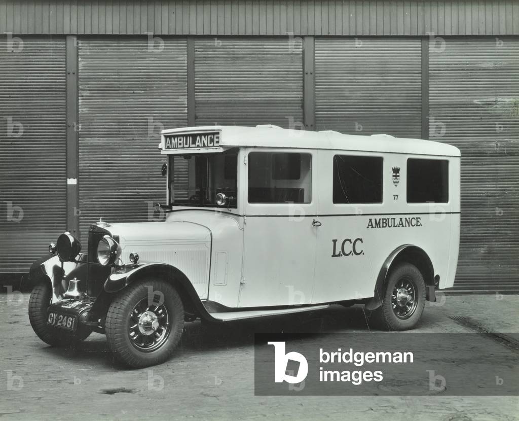 South East Ambulance Station: exterior of a London County Council ambulance, 1933 (b/w photo)