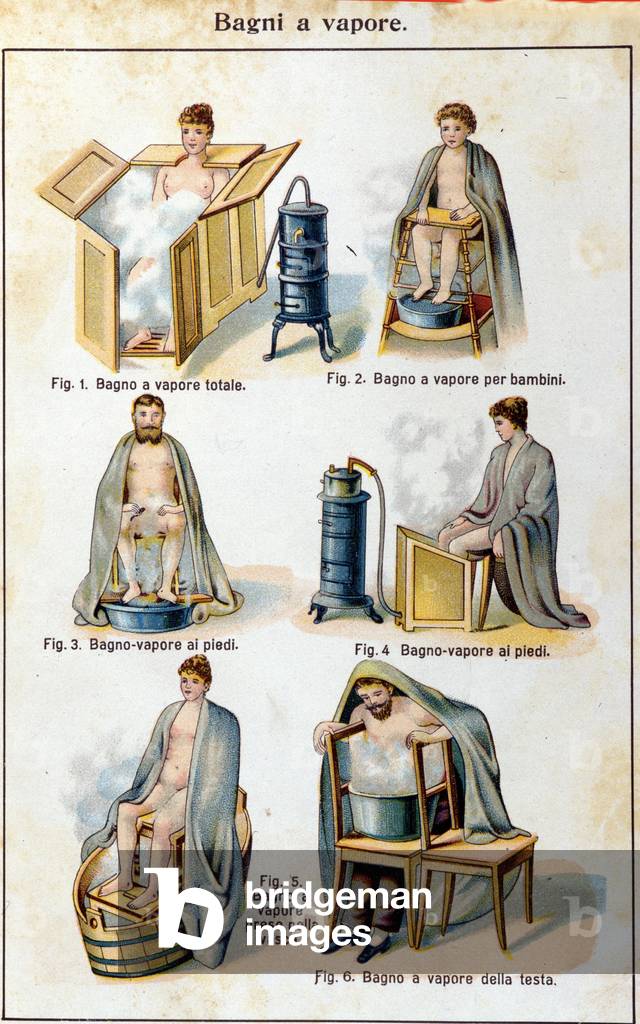 Steam baths. Italian translation of “Bilz, natural medication””, late 19th century.