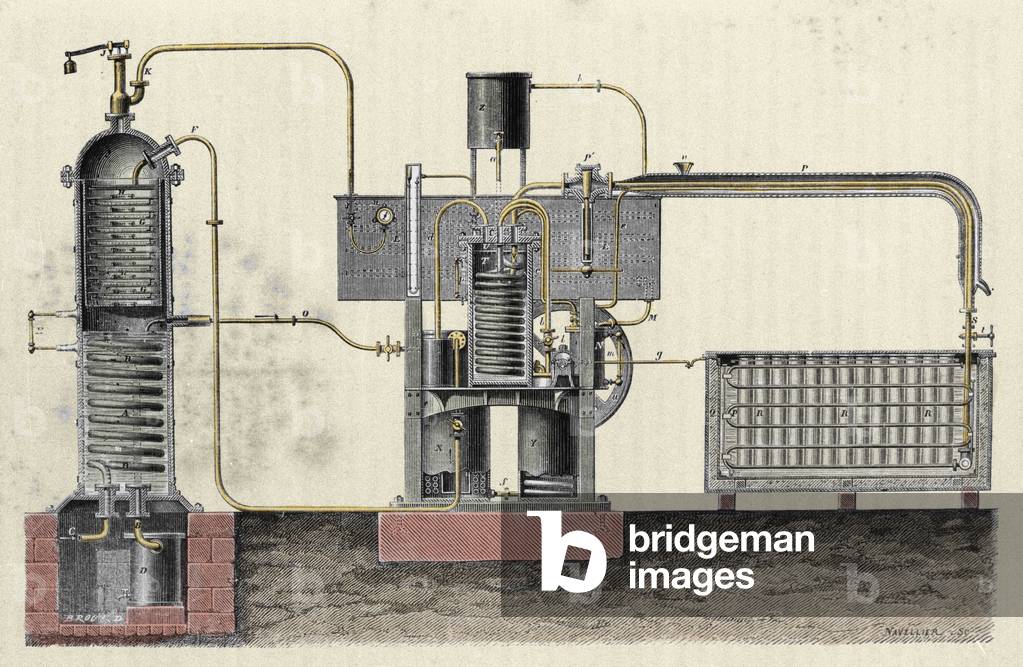 Cutting the industrial apparatus of Ferdinand Carre (1824-1894) to make ice. Engraving of the 19th century